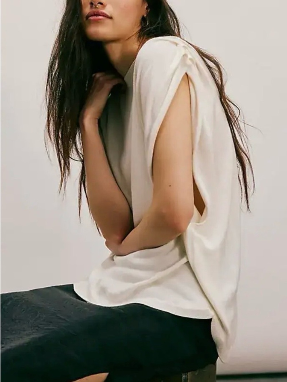 Free People Geneva Pullover Ivory Open-Side Draped Tee